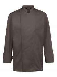 Kochjacke Herren Langarm in Braun mit verdeckten Druckknöpfen, Armtasche und Lüftungslöchern – strapazierfähige und pflegeleichte Berufsbekleidung für Köche, Bäcker und Konditoren.